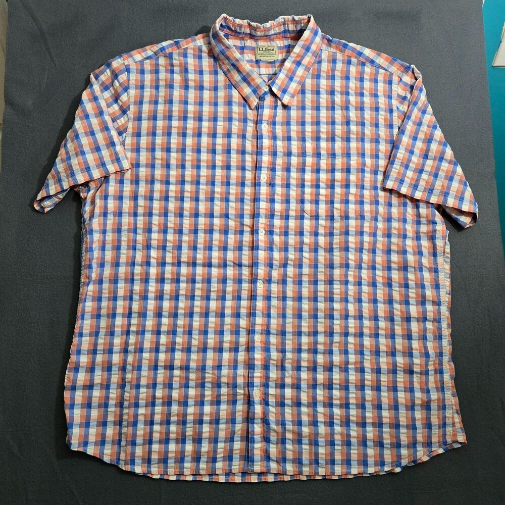 L.L. Bean Men 3XL Slightly Fitted Check Seersucker Short Sleeve Button Up Shirt